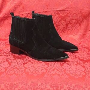 Marc Fisher Women's Black Suede Western Ankle Boots Size 10M Silver Metal Toes